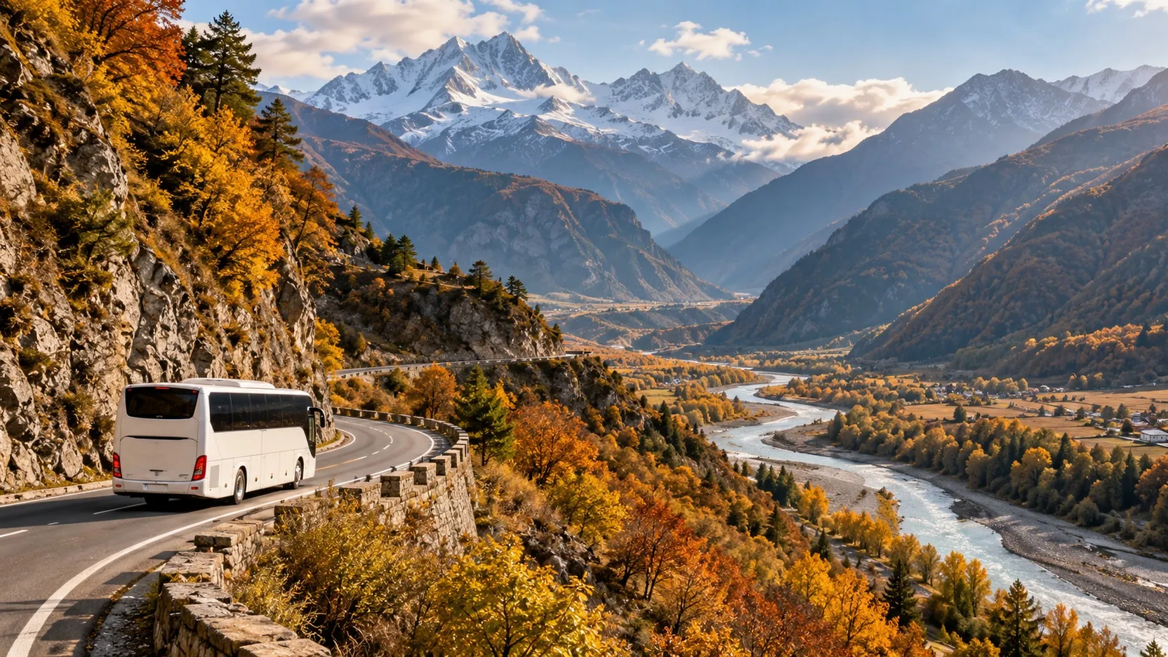 Coach on a Caucasus mountain road